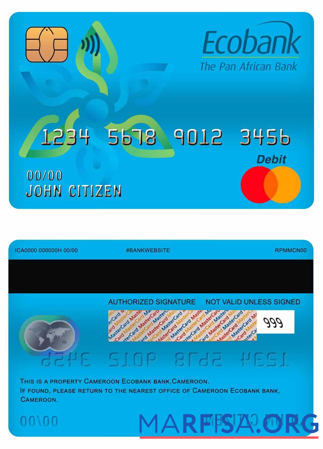 Blank Cameroon Ecobank bank master debit card real example